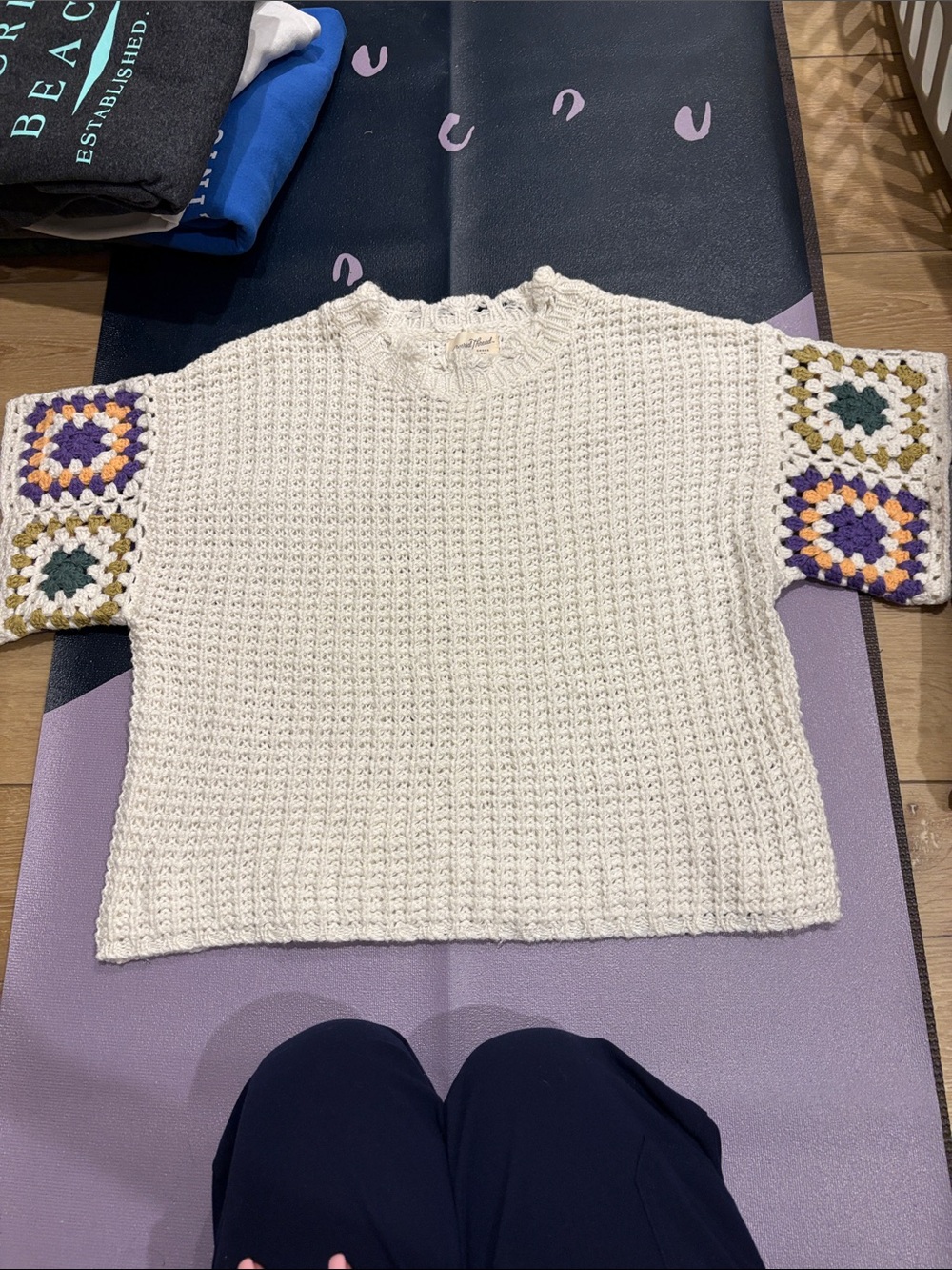 Universal Thread Cream Crochet Short Sleeve Sweater with Purple & Olive Accents
